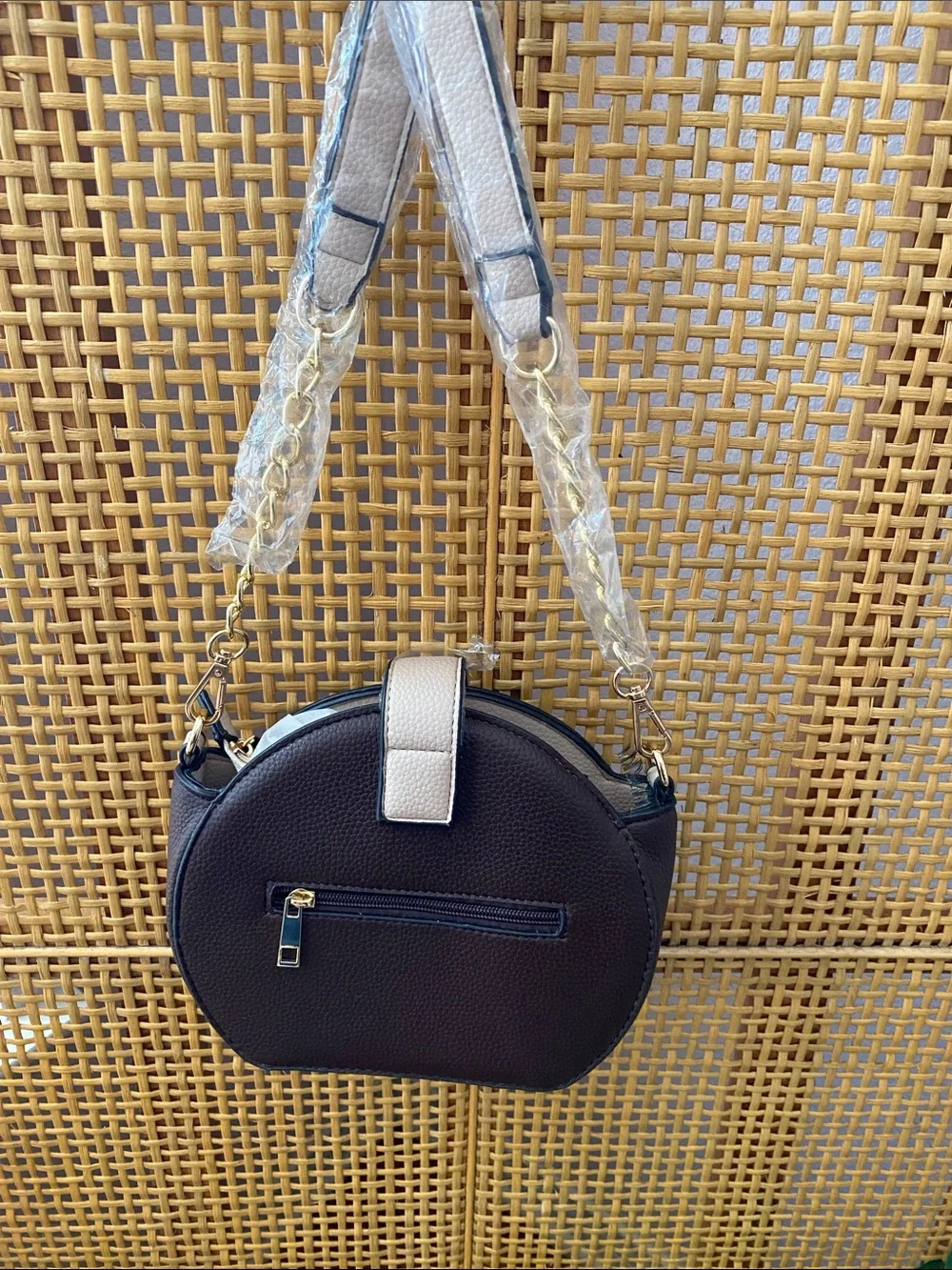 Brown and Silver Round Crossbody Bag with Chain Detail